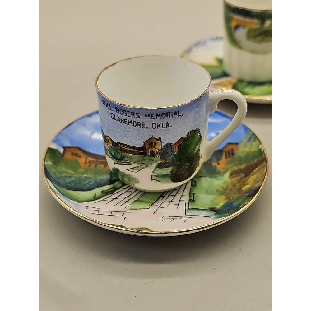 Miniature Mini Tea Cup Saucer Lot Of 3 Souvenir Oklahoma Colorado Smoky Mountain